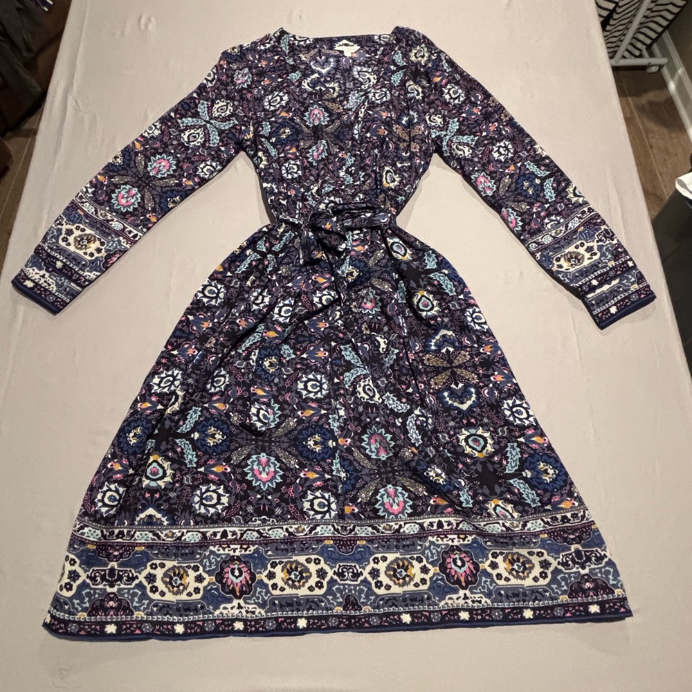 Lucky Brand Dress Womens L Large Blue Pink Paisley Floral Wrap Midi Boho Peasant